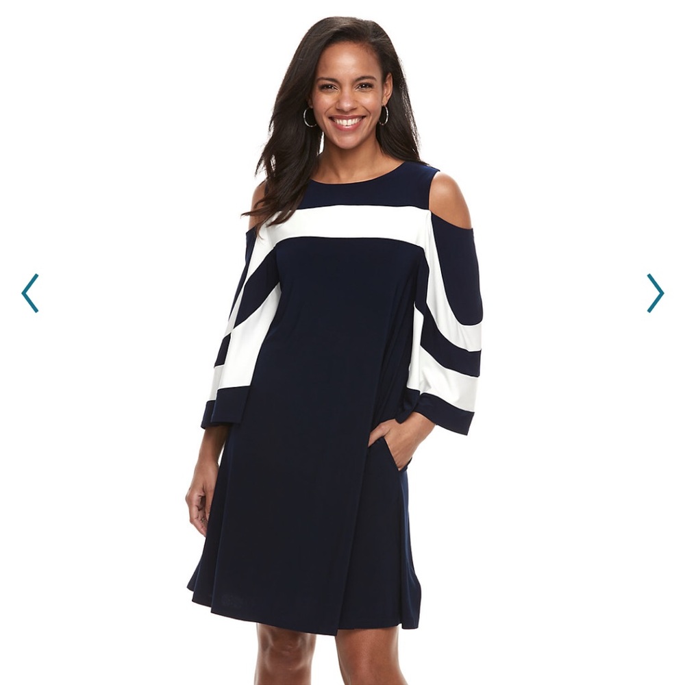 women's Nina Leonard cold-shoulder dress features draped sleeves.